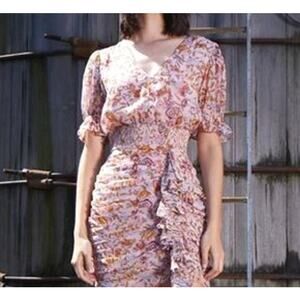 Walter Baker Floral Fitted Smocked Waist Ruffle Pink Primrose Chiffon Dress NEW